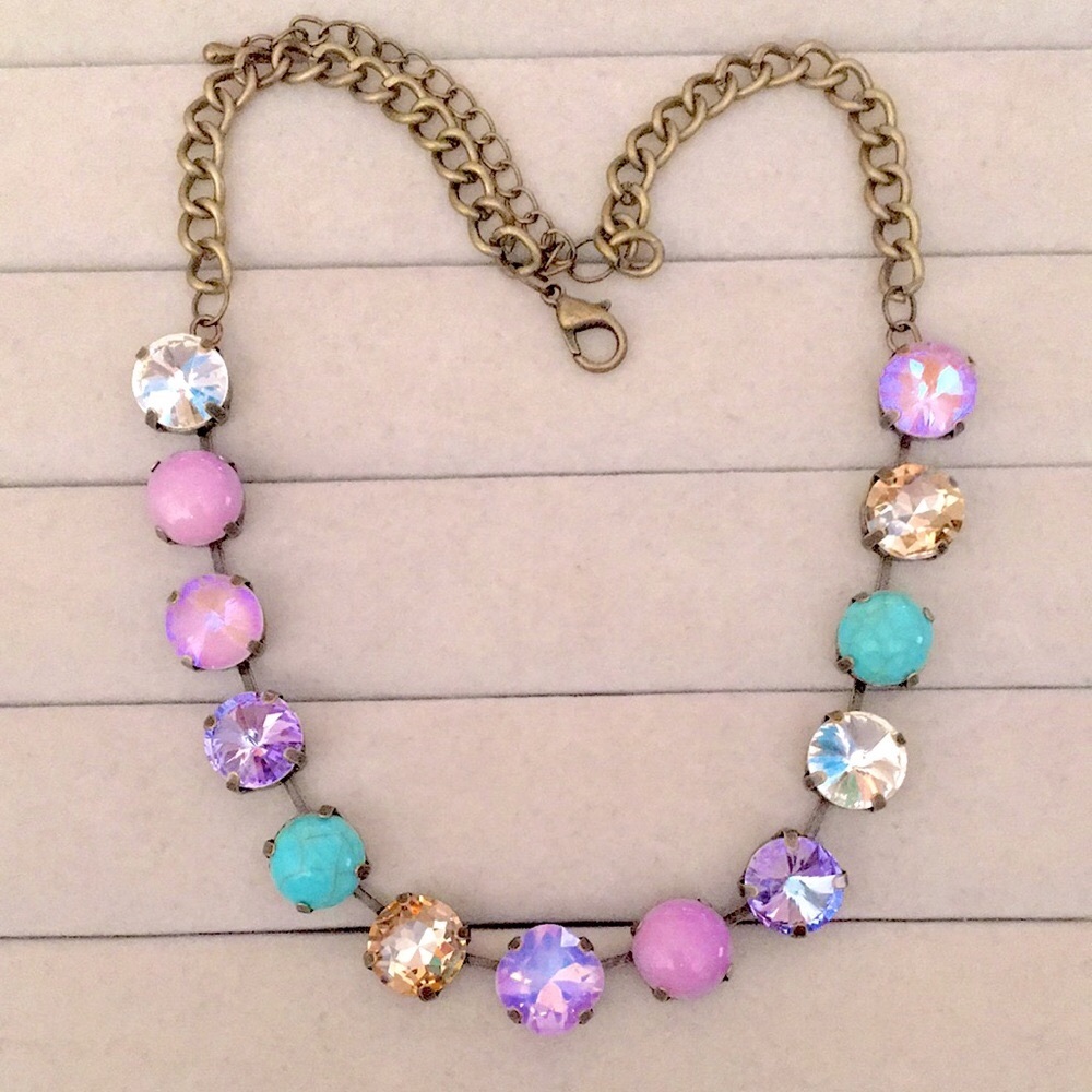Turquoise, Lilac Purple Opal AB + Champagne Topaz Antique Brass Crystal Necklace - Picture 14 of 14